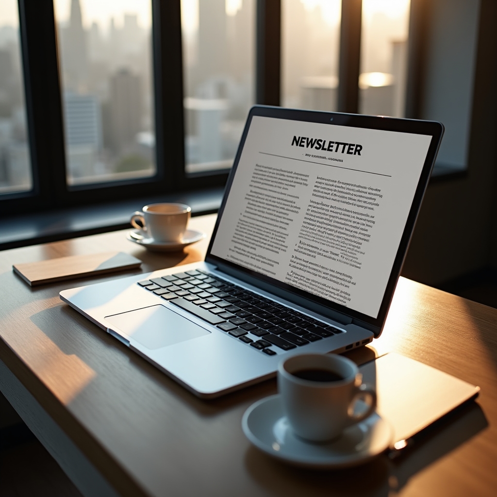 Laptop deschis pe birou afișând machetajul unei ediții de newsletter despre psihologia banilor
